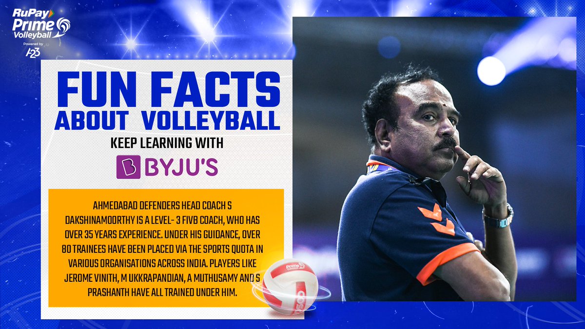 PrimeVolley's tweet photo. Here's an enticing @BYJUS Fun Fact about the @Amd_Defenders' head coach S Dakshinamoorthy 👌🏻

Watch #AMDvBTS LIVE on:
SonyLIV 👉 https://t.co/z8g4rRhf1Q 📺📲
Live Updates 👉 https://t.co/cirPqulxWv
 
#PrimeVolley https://t.co/KswnWhwKDM