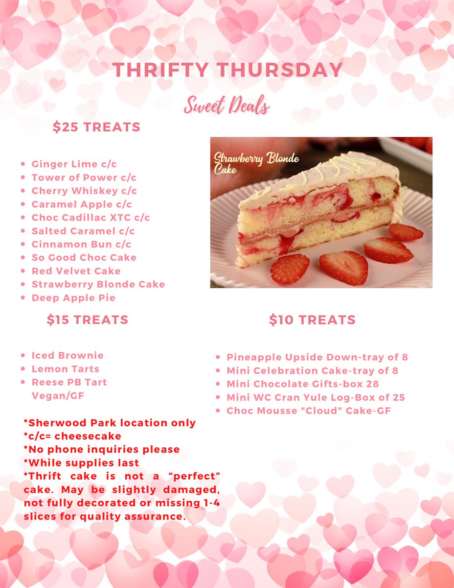 🔥Thrifty Thursday🔥

Who doesn’t love a deal? Great selection of thrift cakes today and some samples too!! 

Here to serve you until 5:00 pm.

*Thrift cake is not a “perfect” cake. 
*Sh Park retail outlet only*

#sherwoodpark #strathco #yeg #yegdeals #cake #cheesecake
