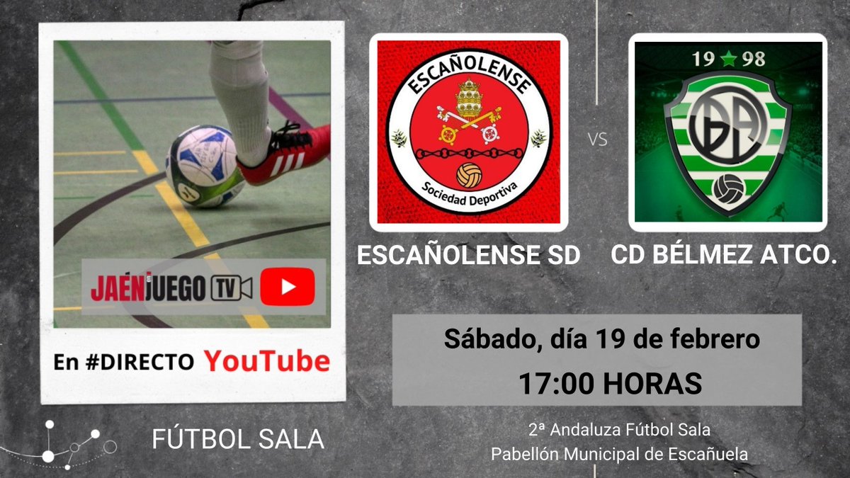🚨RETRANSMISIÓN ‼

⚽FÚTBOL SALA | Este sábado hay Liga Provincial de fútbol sala en el CANAL 2. 

👉Desde las 16:50 h, en #directo: <a href="/escanolense/">ESCAÑOLENSE SDAD.DVA.</a> - <a href="/Belmez_Atletico/">Belmez Atletico</a> . Escañuela se despide de su afición ante un Bélmez que sigue progresando.👇👇

📺Enlace: youtu.be/lwjkX4Zeack