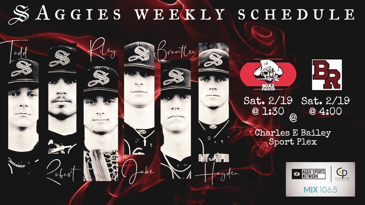 SYL_BSB's tweet photo. Varsity will travel to Benjamin Russell (Alex City Complex) for a double header Saturday Feb 19th. Aggies Vs Boaz @ 1:30 &amp; Aggies Vs BR @ 4:00. JV &amp; NLMS @ home Sat 2/19 NLMS @ 11:00 JV @ 1:30. JV game against Fayetteville today has been postponed #ClearASpace #WhateverItTakes https://t.co/XIM1f81FDS