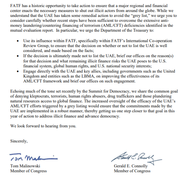 @kleptocaucus' <a href="/RepMalinowski/">Archived: Rep. Tom Malinowski</a> &amp; <a href="/GerryConnolly/">Rep. Gerry Connolly</a> urged <a href="/USTreasury/">Treasury Department</a> to consider UAE's remaining anti-corruption challenges prior to <a href="/FATFNews/">FATF</a>' consideration of the country for the global money-laundering "grey list"