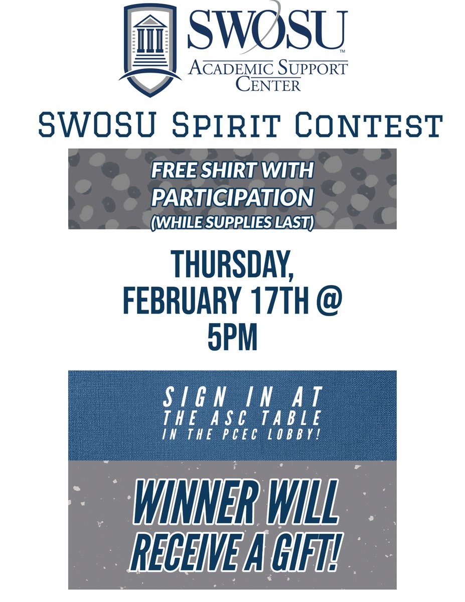 SWOSUAthletics's tweet image. 🚨STUDENTS🚨 Come show your school spirit (outfits/chants/etc!) tonight before the women&apos;s basketball game by stopping by the @SWOSUSupport table in the lobby of the Pioneer Cellular Event Center! Free shirts to participants &amp;amp; the student with the most school spirit wins a prize