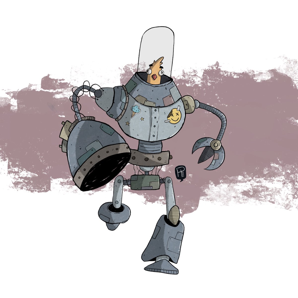 RamonHitzeroth's tweet photo. Little bird piloting a mech in an apocalyptic world. https://t.co/S9IltHUE6V