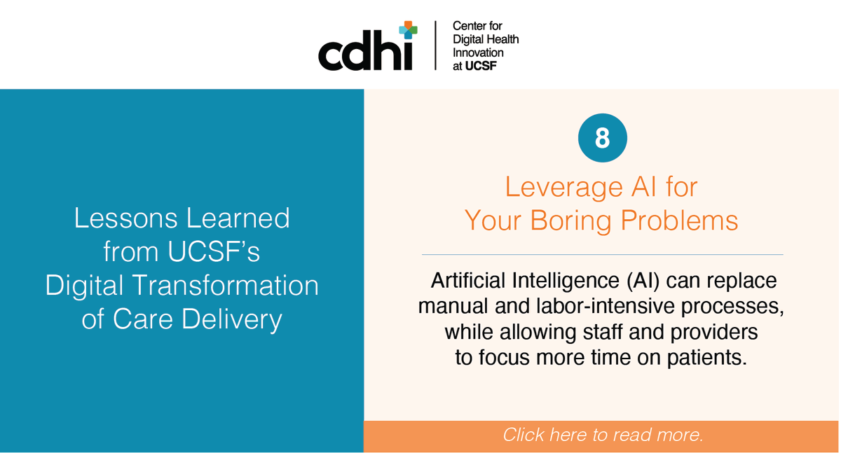 UCSFCDHI's tweet photo. Digital Transformation of Care Delivery - Lesson 8/9: By leveraging #AI for labor-intensive and manual tasks, @UCSFHospitals can focus more on patients. Learn how: https://t.co/ERIx9YhpOP #digitaltransformationlessons #digitalhealth #ArtificialIntelligence #patientexperience https://t.co/3hL3hWlq0A