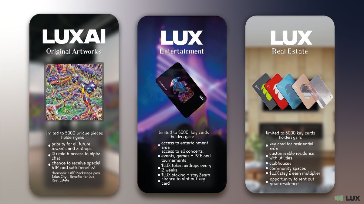 4/4

LUX is a well thought through metaverse with dynamic utilities &amp; whereby each collection expands value to LUX VR e.g. 
Entertainment Realm for concerts, backstage passes
LUX OG AI Talus City with perks within LUX Real Estate

#WeAreLUX #Solana #SolanaNFTs <a href="/weareLUX_space/">LUX</a>