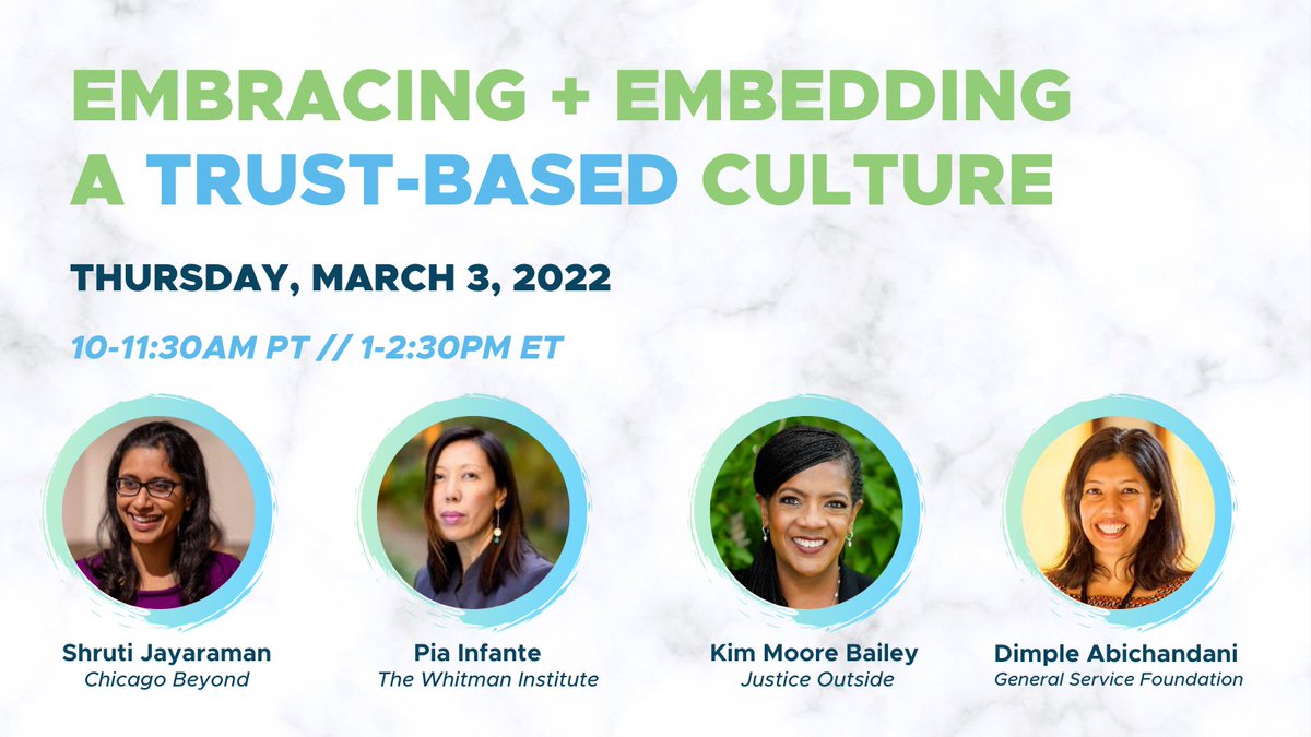 Join us March 3rd for part 2 of our series on the 4 key dimensions to building a trust-based approach: practices, culture, structures, and leadership. This session focuses on CULTURE. trustbasedphilanthropy.org/events/2022/3-… w/ the amazing <a href="/Chicago_Beyond/">Chicago Beyond</a> <a href="/PiaVision/">Pia Infante</a> @YouthOutside <a href="/DimpleAtweets/">Dimple Abichandani</a>