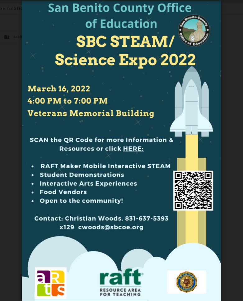 SBCOE95023's tweet photo. It's time to get ready for the SBC STEAM/Science Expo Mar 16, 4-6pm at Veteran's Memorial Building. Join us for student demonstrations, interactive activities, food and more! Find information about how to enter a Science or STEAM project at https://t.co/fntPCVhbcO  #sbcoeEngages https://t.co/u9F7B9MeBt
