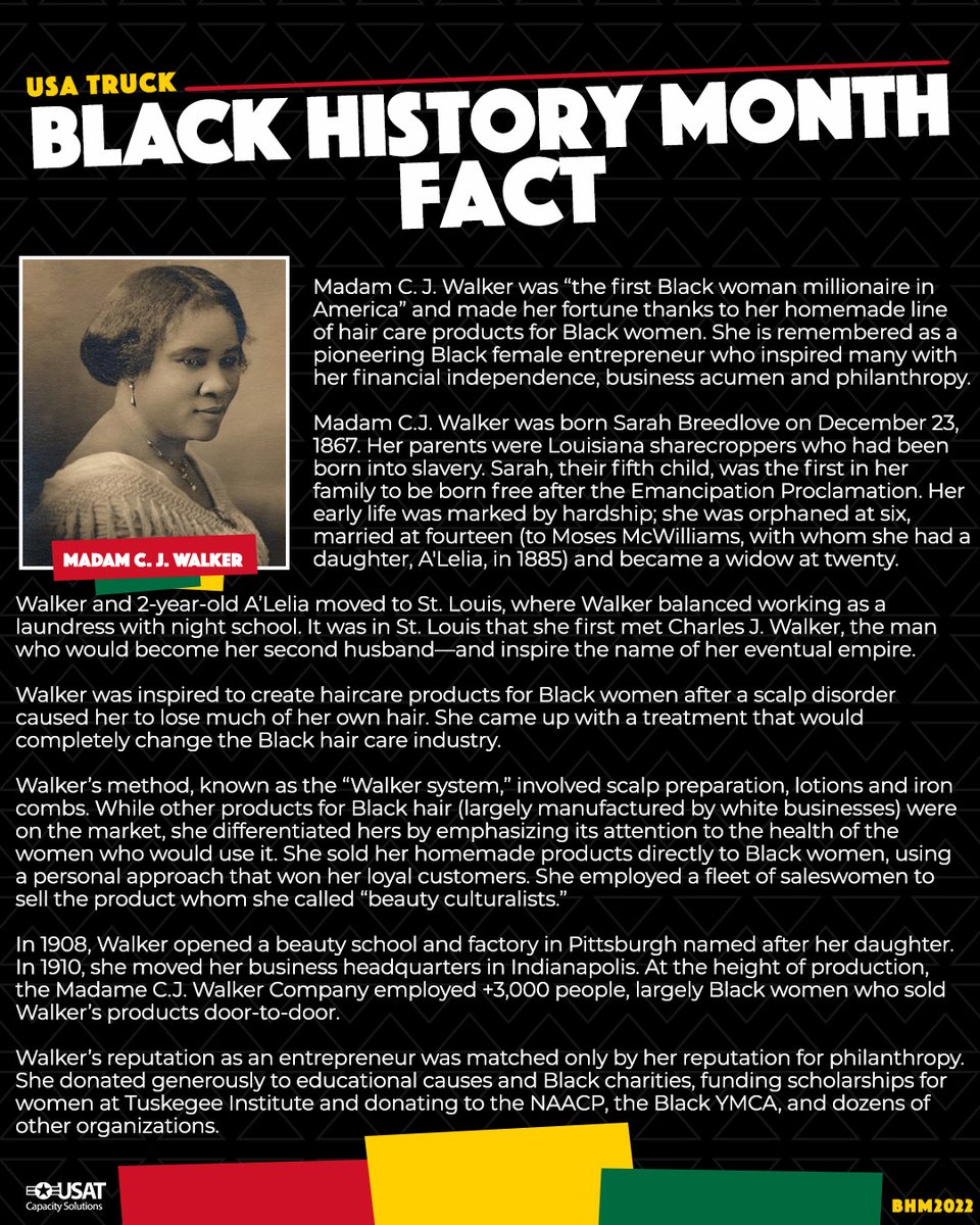 usatruckrecruit's tweet photo. For today's #BHMFact we highlight 𝗠𝗮𝗱𝗮𝗺 𝗖.𝗝. 𝗪𝗮𝗹𝗸𝗲𝗿.

›› Entrepreneur
›› Activist
›› Philanthropist
›› The 1ST female self-made millionaire in America
›› Made her fortune thanks to her line of hair care products for Black women

https://t.co/jV2xVYLAEE https://t.co/URM50KrNLS