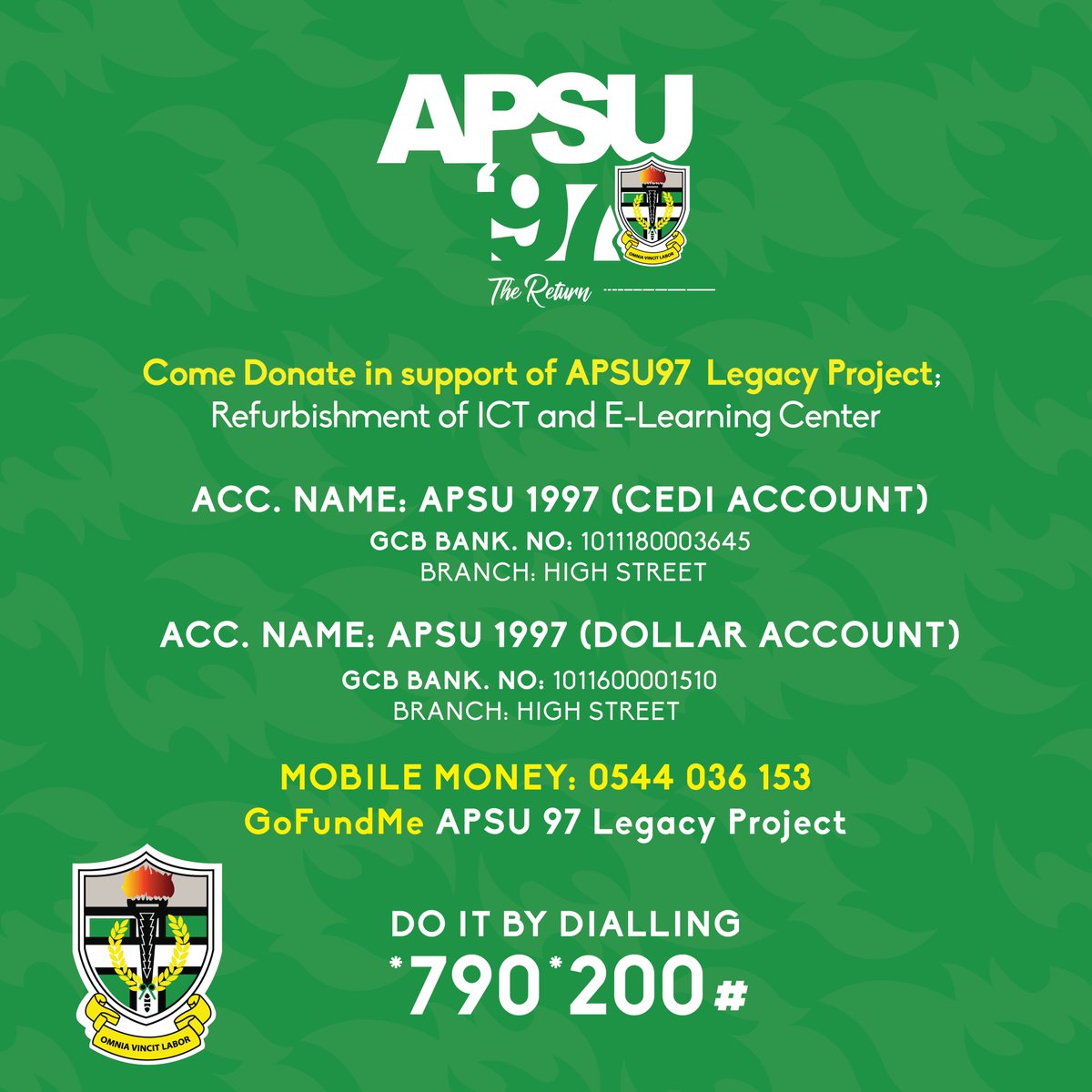 Apsu1997's tweet photo. We are calling all APSUnians! We are still raising funds to refurbish the ICT and E-learning Centre as part of the APSU 97 Legacy Project. Every little bit helps.  

#APSU #APSU97 #ActionNkotsii #TheReturn #APSUSpeechDay https://t.co/b4UoGAoAmy
