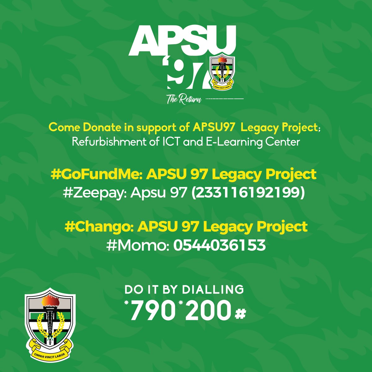 We are calling all APSUnians! We are still raising funds to refurbish the ICT and E-learning Centre as part of the APSU 97 Legacy Project. Every little bit helps.  

#APSU #APSU97 #ActionNkotsii #TheReturn #APSUSpeechDay
