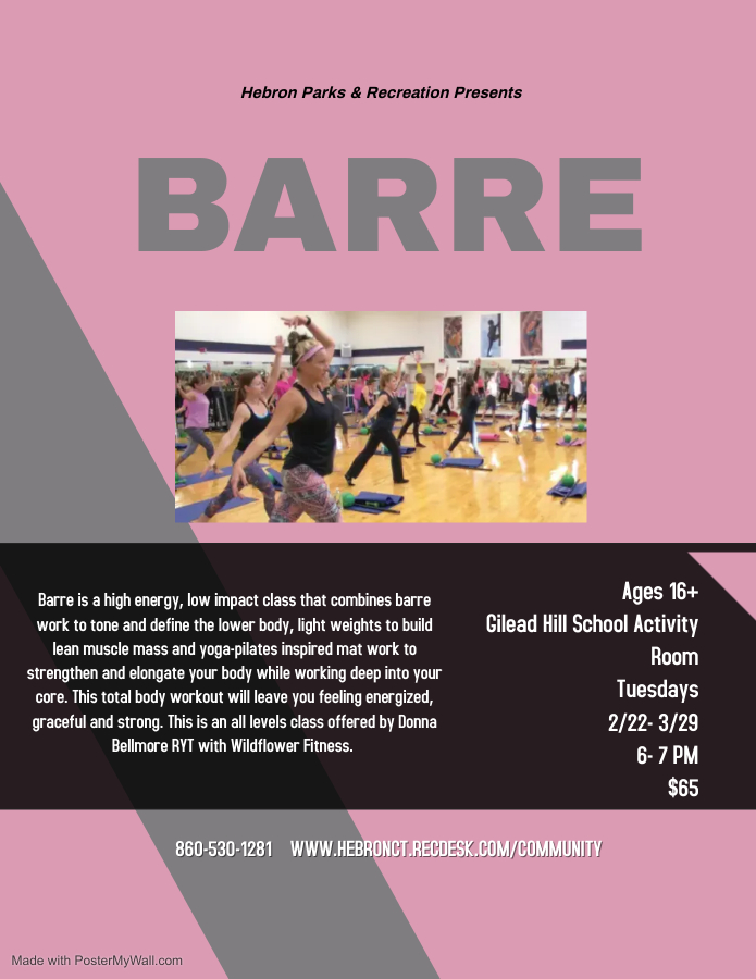 HebronCTRec's tweet image. Join us for Barre and or Yoga with Donna Bellmore RYT with Wildflower Fitness! Classes begin Tuesday, 2/22! 
 Register now, space is limited.  hebronct.recdesk.com/community