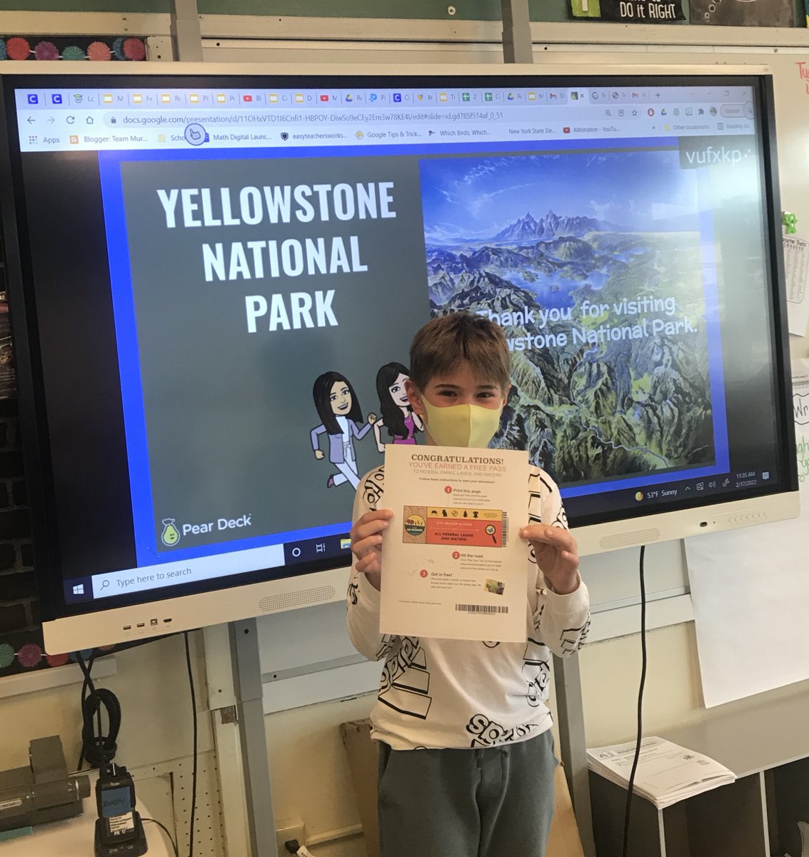 mrsklipfel's tweet photo. Ss in Mrs Murphy's Class just completed a @PearDeck lesson on @YellowstoneNPS and we discovered someone is going there over vacation. Thanks, @NationalParkFdn for FREE passes for 4th graders. #engagedlearners #seeingnewsights #exploringUSA https://t.co/4wVs8euuep