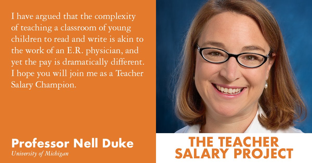 teachersalary's tweet photo. Join @UMich Professor @nellkduke as a Teacher Salary Champion! As she states, the complexity of teaching is akin to the work of an E.R. Physician: https://t.co/RE7dsyLj1N.

Let's give teachers the respect they deserve by joining the movement for professional #teacher pay. https://t.co/idEYRJcxta