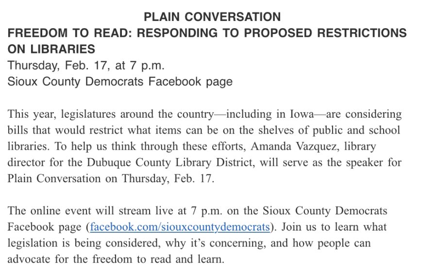 SiouxCountyDems's tweet photo. Our next #PlainConversation is TONIGHT at 7pm. The topic is book banning. 📚 Join us at https://t.co/IRpJM4QGH2 https://t.co/FDvYv2VTg5
