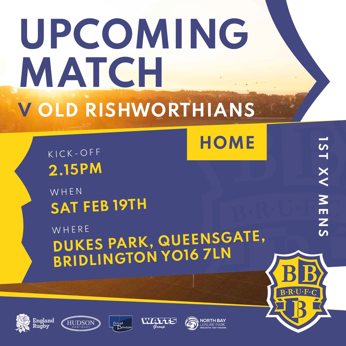 BridlingtonRUFC's tweet photo. Looking ahead to Saturday!

🏟️ Home
⏰ 2.15pm KO 
🗓️ Sat 19th Feb
🤝 @orrufc 

#BRUFC https://t.co/tgmkIVEags