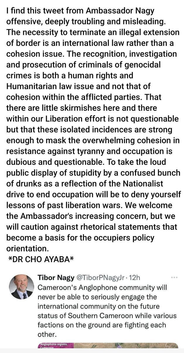ngohnix2004's tweet photo. Response to Amb. Tibor Nagy from Dr. Cho Ayaba. https://t.co/UcD4Ehey5S