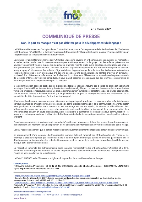 orthophonistes's tweet photo. CDP de la FNO, l'UNADREO et le CFO, instances reconnues par les autorités de tutelle : le port du masque sanitaire n'est pas délétère pour l'apprentissage du langage chez l'enfant tout-venant. Nous rappelons que la position du CNOF ne porte pas la voix de la profession https://t.co/G5NIl7VCdE