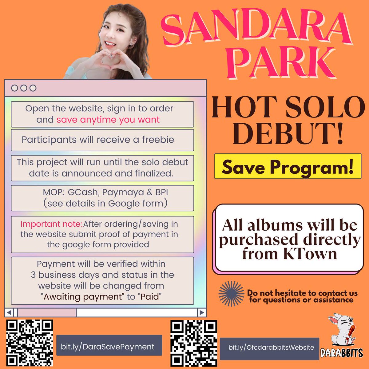OFCDARAbbits's tweet photo. Worried you might not have enough funds by the time @krungy21 drops her album? Fret not!

We are opening a #SandaraPark Hot Solo Debut Save Program! 

🔥Freebie for participants
🔥Huge discount via @KTOWN4U_com 

Just go to https://t.co/fnljE1T7C6 and follow the steps below ⬇️ https://t.co/srXuLjd5aS