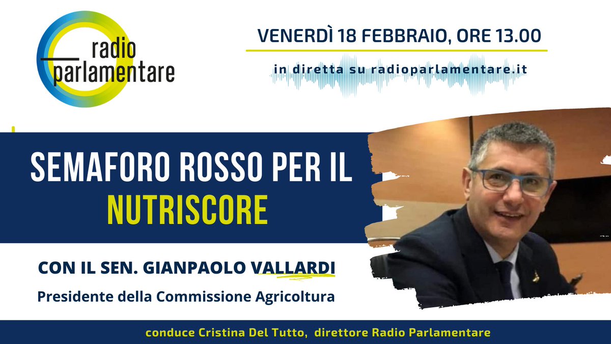 Radio Parlamentare (@rparlamentare) on Twitter photo Con l'approvazione in Senato della mozione Vallardi sul #nutriscore, più tutela per il #MadeinItaly. Ne parliamo domani, alle ore 13.00, con il sen. <a href="/Vallardigian/">Gianpaolo Vallardi</a>, presidente della Commissione Agricoltura. Seguiteci in diretta su radioparlamentare.it 🇮🇹🚜 Con l'approvazione in Senato della mozione Vallardi sul #nutriscore, più tutela per il #MadeinItaly. Ne parliamo domani, alle ore 13.00, con il sen. <a href="/Vallardigian/">Gianpaolo Vallardi</a>, presidente della Commissione Agricoltura. Seguiteci in diretta su radioparlamentare.it 🇮🇹🚜