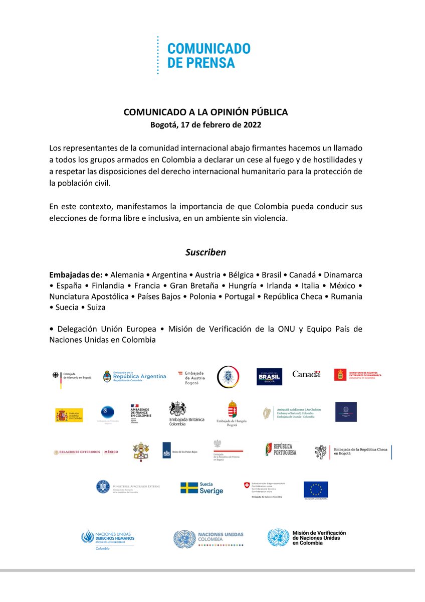 MisionONUCol's tweet photo. #Comunicado Representantes de la comunidad internacional abajo firmantes hacemos llamado a todos los grupos armados en Colombia a declarar un cese al fuego y de hostilidades y a respetar las disposiciones del DIH para la protección de la población civil. https://t.co/BvDqkhGghl https://t.co/eHl2TvfwTx