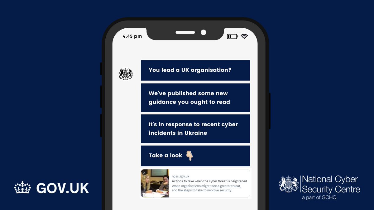 🇬🇧 Do you lead a UK organisation?

Recent cyber incidents in #Ukraine have prompted us to update our guidance, which includes 11 actions to take to strengthen your organisation's resilience.

Get started now ⤵️
ncsc.gov.uk/guidance/actio…