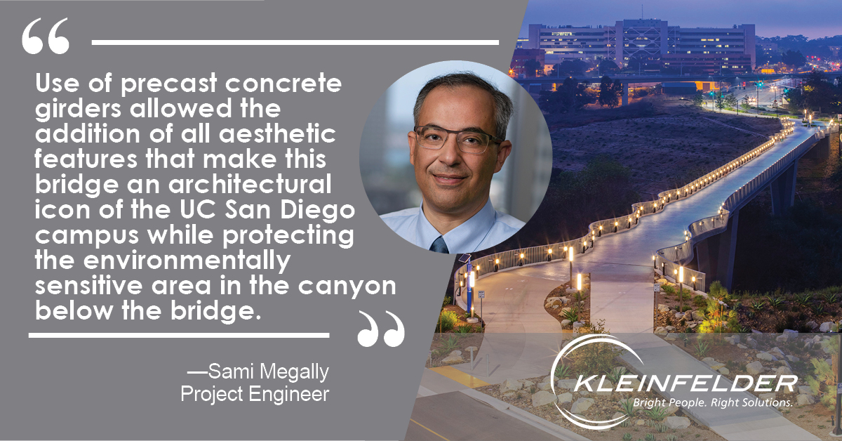 KleinfelderHQ's tweet photo. .@PCIprecast honored @UCSanDiego &amp; Kleinfelder with a 2022 #PCI Design Award in the #transportation best non-highway #bridge category for the #UCSD Mesa Housing Pedestrian &amp; Bicycle Bridge, the 7th award for this iconic project. 

Read more: https://t.co/bkS7X41oCD https://t.co/aJIRhydbYr