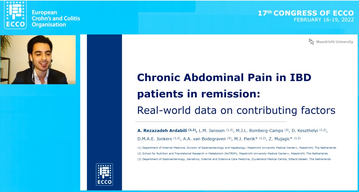 📢 Great oral presentation today at #ECCO2022 by @AshkanRA on clinical characteristics of chronic abdominal #PAIN in #IBD in remission
➡️ Frequent! 46%
➡️ More often female sex 🙍‍♀️, shorter disease duration, higher BMI
➡️ higher depression, anxiety, stress, fatigue