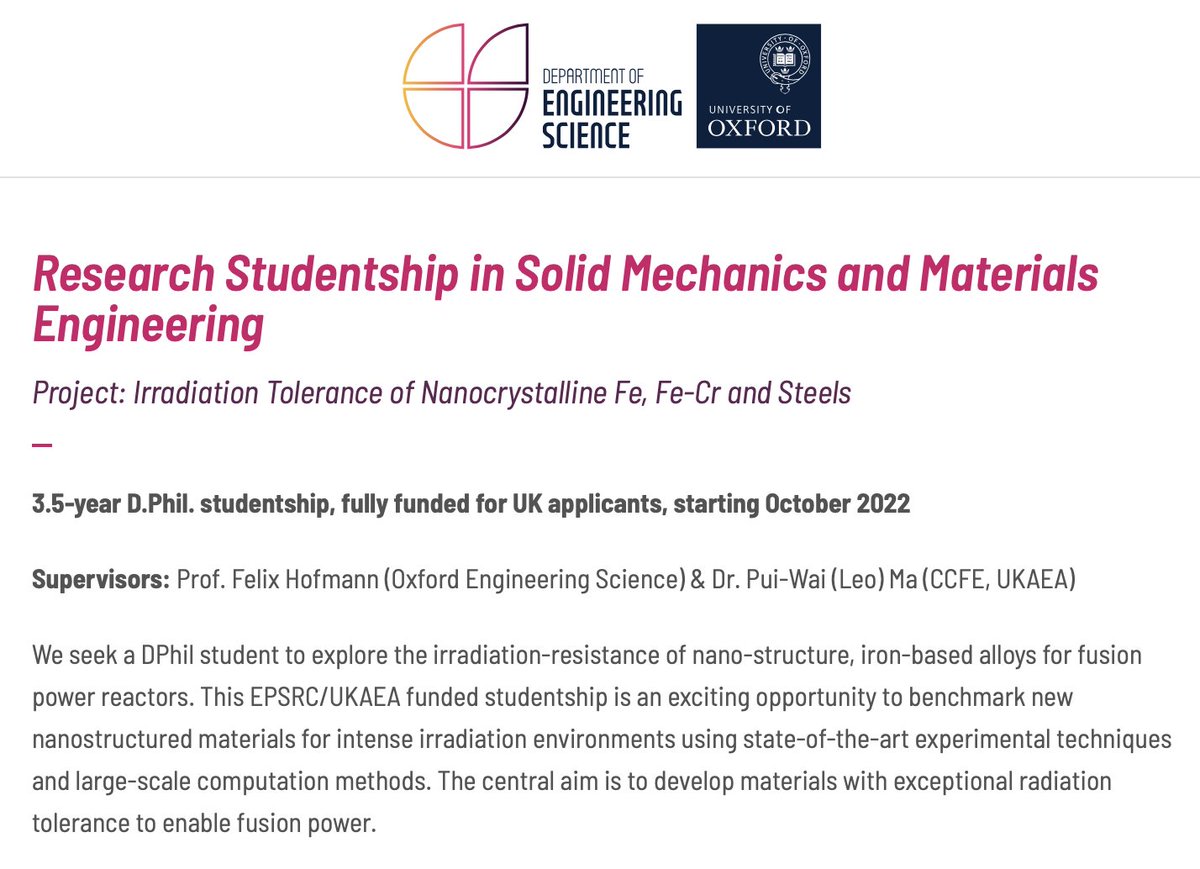 FHofmannOxf's tweet photo. Fully funded studentship at @oxengsci  to develop radiation resistant nano-crystalline steels for Fusion! With Leo Ma from @UKAEAofficial and me. Application deadline 1st March. Details below. Please RT!! 😁
https://t.co/exjC1Kg77z https://t.co/QiL1KK0VSI