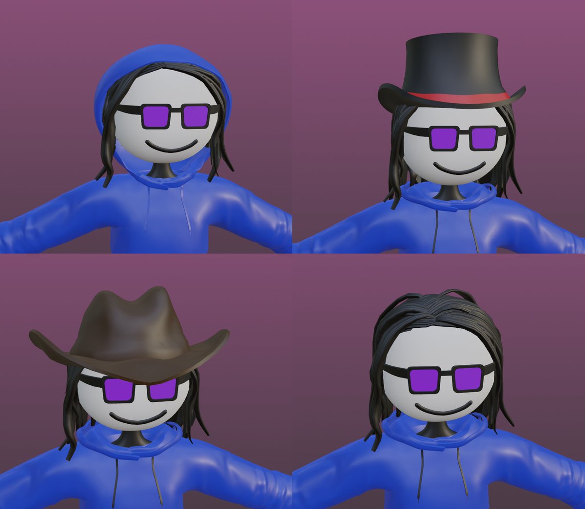 oarsect's tweet photo. That awkward moment when a single trait results in 4 distinct models. Hair is slightly different in all 4 based on the other accessories. But at least it doesn't clip and the end result looks decent. #mfers https://t.co/t9JSOVPqxq