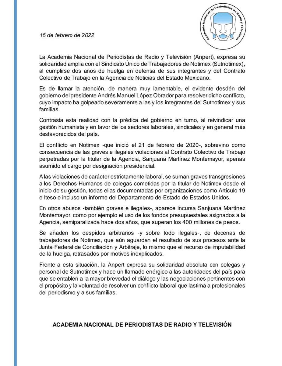 Anpert2's tweet photo. La Academia Nacional de Periodistas de Radio y Televisión #ANPERT, expresa su solidaridad amplia con el Sindicato Único de Trabajadores de Notimex #SutNotimex al cumplirse dos años de la #huelga. https://t.co/MX2rDlJbaV