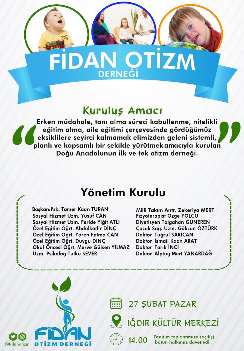 Hep birlikte daha güçlüyüz! Umut etmek ve umut olmak için 27 Şubat pazar günü kültür merkezinde yapılacak olan derneğimizin açılışına tüm Iğdır halkını bekliyoruz. Benim başıma gelmez, demeyin. Otizm bize çok yakın!