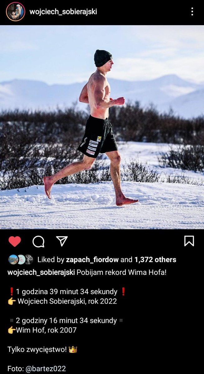 Wojciech Sobierajski - pierwsza próba w tym roku i pierwszy rekord Guinessa. Przebiegł półmaraton w Polu Podbiegunowym (Islandia) w 1:39:34. Poprzedni rekord 2:16:34. #cozagość