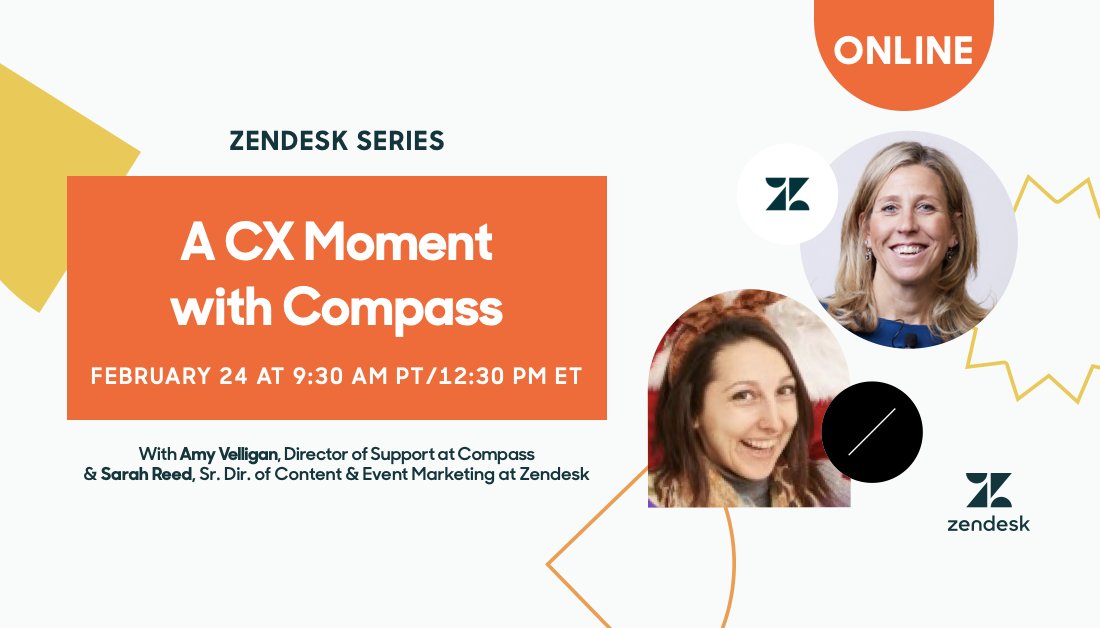 🚨 Next week 🚨

🗺 What: A live #CXMoment event on how to navigate high growth when your customer needs are shifting rapidly
🧑‍💻 Who: <a href="/Compass/">Compass</a> Director of Support Amy Velligan &amp; Zendesk's <a href="/stealeyreed/">Sarah Stealey Reed</a>
💻 Where: zdsk.co/CompassCX