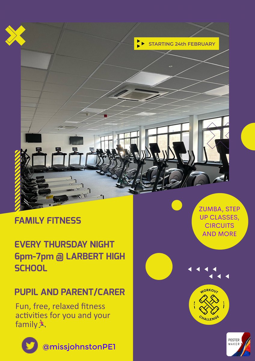 missjohnstonPE1's tweet photo. Coming next week…

             🏃🏽‍♂️Family Fitness🏃🏽‍♂️

Thursday’s 6pm-7pm @ Larbert High🧘🏽‍♀️ 

Pupil and parent/carer to join us for a relaxed, fun, sociable hour of keeping fit💪🏼 

Sign up with the link below and more information will be sent your way😄

https://t.co/4G2kSJK2O3 https://t.co/aUElOaS7iw