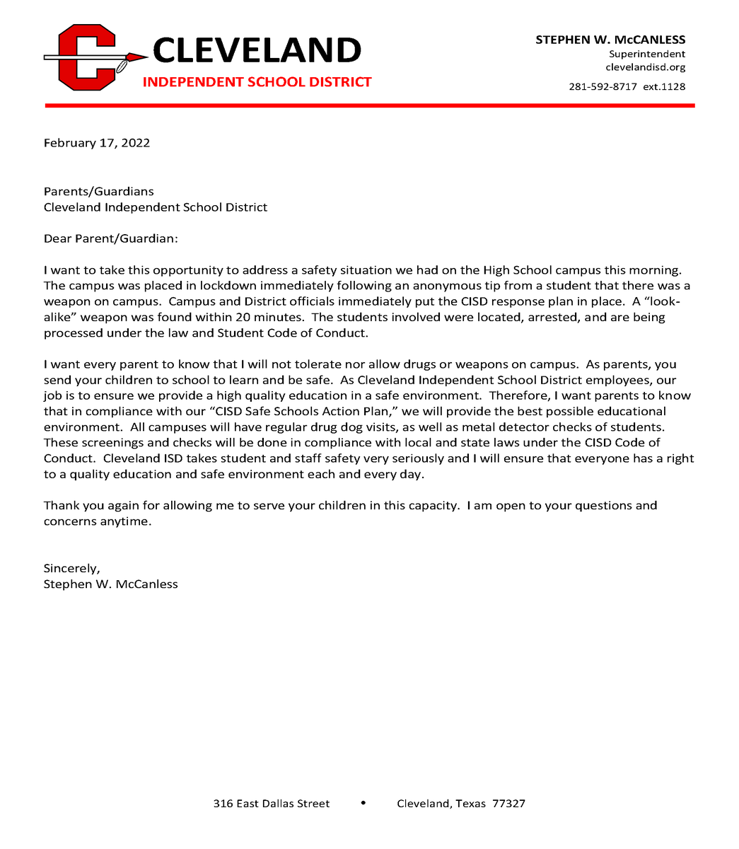 A letter to CISD families from Superintendent McCanless regarding today's CHS lockdown and district safety practices.