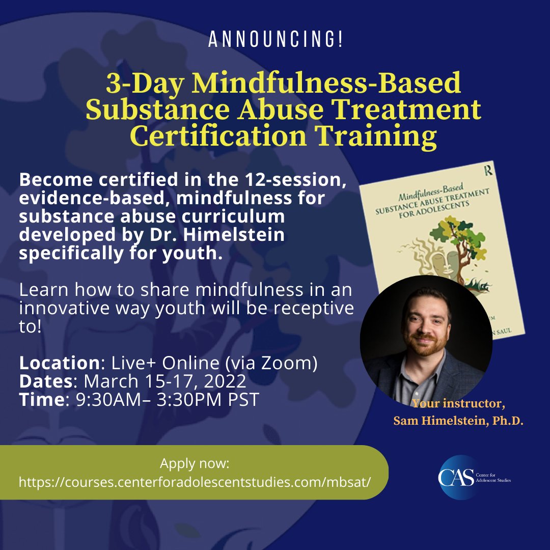 Next month, I'll be teaching the the 3-Day Mindfulness-Based Substance Abuse Treatment #mbsat 12 Session Curriculum Certification! Join me! Learn more and apply: buff.ly/3e4kV0l