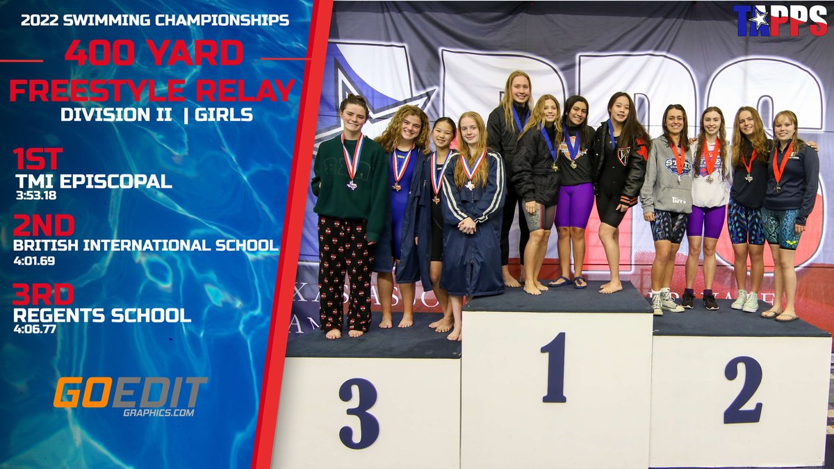 TAPPSswim's tweet photo. Congratulations to our Top Three Medalist in the Girls Division II 400 Yard Freestyle Relay of the 2022 #TAPPSswim State Championship! https://t.co/pm6Q4xG637