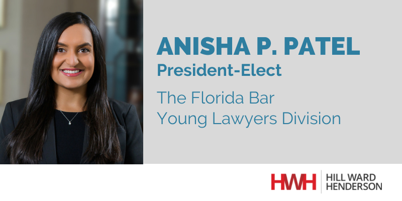 We are proud to announce that attorney Anisha Patel has been elected as The Florida Bar Young Lawyers Division President-Elect, with her term as president commencing in 2023. Congratulations to Anisha for her hard work and leadership! hwhlaw.com/news-anisha-pa…