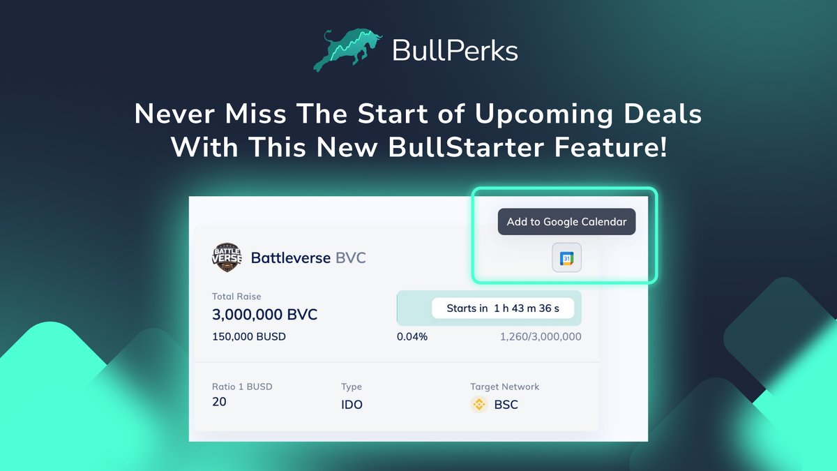 bullperks's tweet photo. 😎⏱Never miss the start of upcoming deals with this new #BullStarter feature!

🤩To make our launchpad user experience even more convenient, we added the new DEAL REMINDER feature, allowing users to add upcoming deals to their 📅Google Calendar with a few clicks on a button. https://t.co/Fyqu8sB7rR
