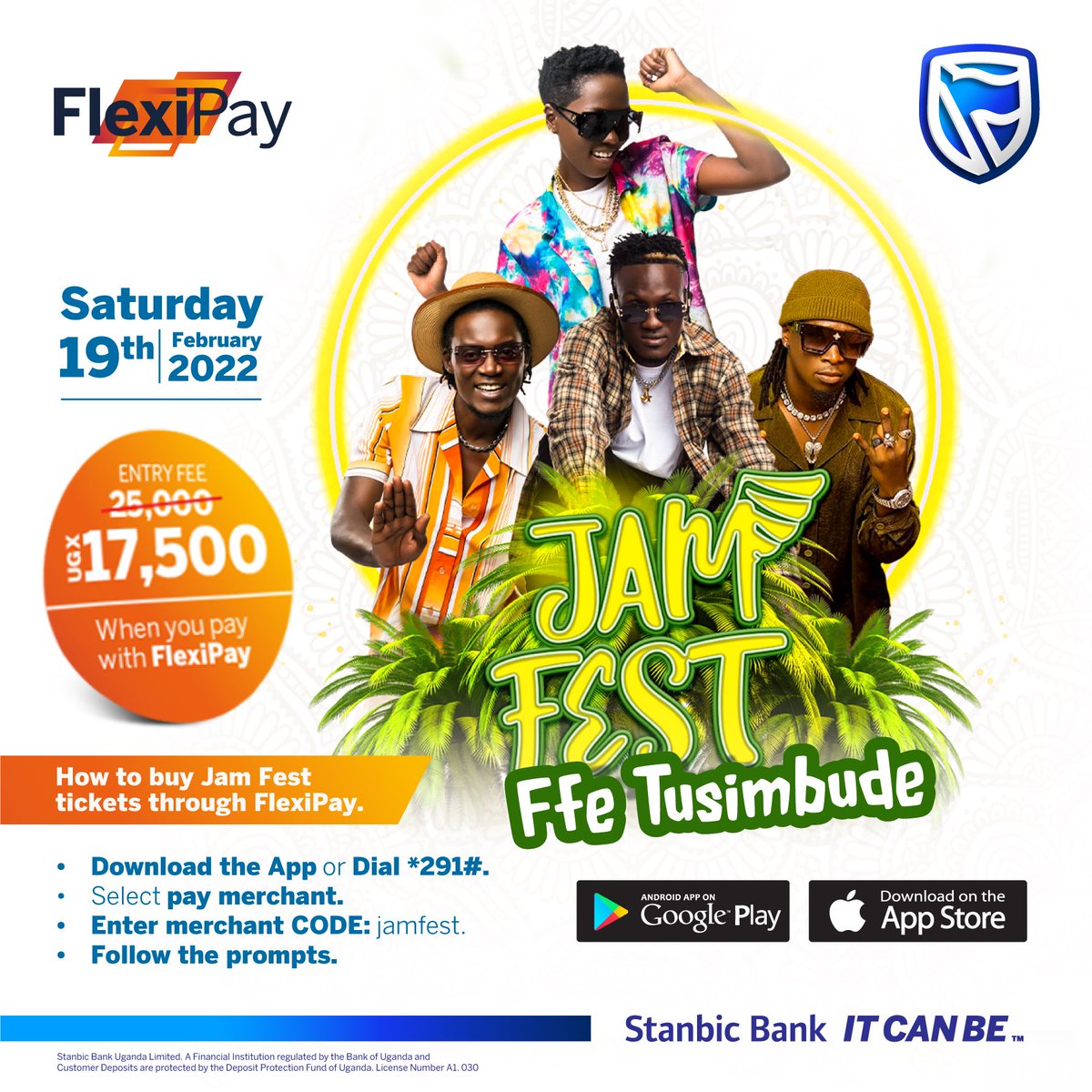 stanbicug's tweet photo. We are only a day away from the #JamFest22. Save UGX 7500 when you buy your tickets with FlexiPay. Find us at the entrance this Saturday at the Zoe grounds.

#LiveFree @JamfestUG https://t.co/cl5xCE4QdW