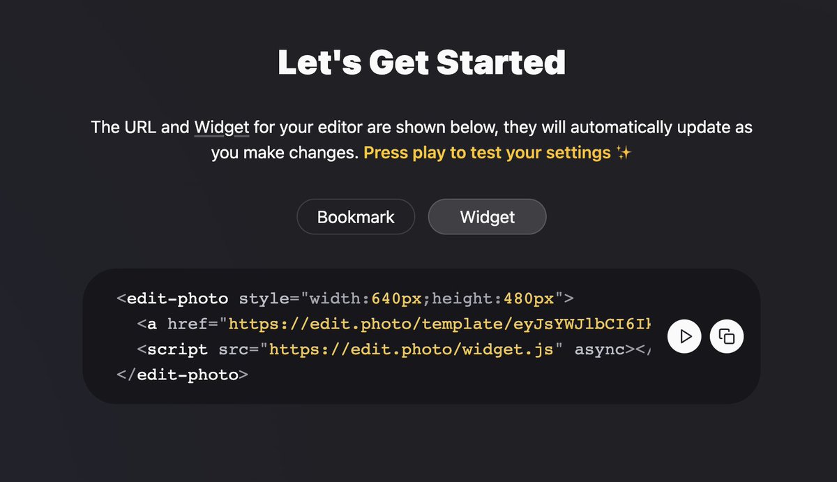🧩 Launching edit.photo widgets, easily embed an Edit Photo template on your website.

👩‍🎨 Design your photo editor template in edit.photo/studio

🚁 Copy and paste the widget code to your webpage

🪄 Set the "src" attribute and edit images on your website