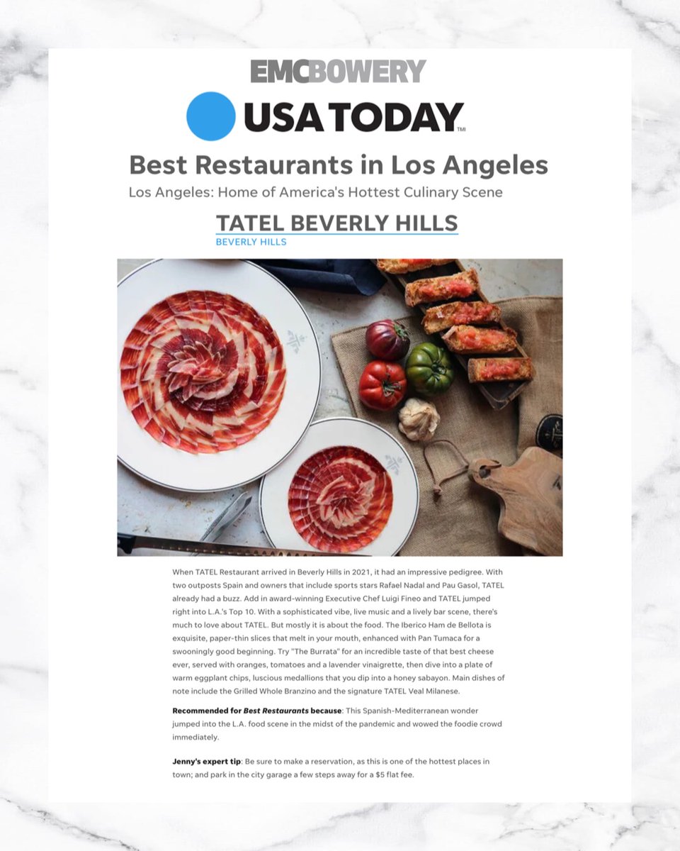 En menos de 6 meses , TATEL Beverly Hills está en la lista de los 10 mejores restaurantes de Los Ángeles. Muy orgullosos de este gran reconocimiento que nos anima a continuar descubriendo la gastronomía española alrededor del mundo.  Gracias USA Today.

10best.com/destinations/c…
