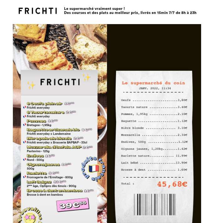 Quand <a href="/frichtifrichti/">Frichti 🍅 🥕</a> s'essaie à la publicité comparative, c'est joli mais je ne suis pas certain que beaucoup de clients croient qu'un supermarché vende 6 œufs plein air à 3,80€ ou 6 yaourts nature à 3,40€... 🙄