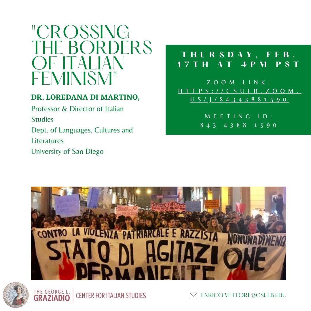 Join us today at 4PM PST for Dr. Di Martino’s guest lecture, “Crossing the Borders of Italian Feminism”
Zoom link: 
csulb.zoom.us/j/84343881590

#csulb #graziadiocenter #rgrll #italian #feminism #loredanadimartino #universityofsandiego