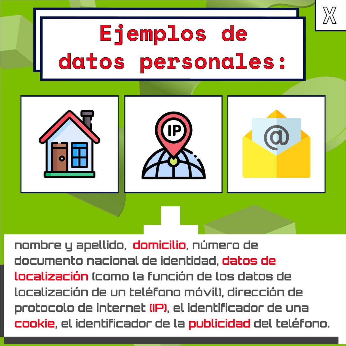 ipandetec's tweet photo. 📢Algunos ejemplos de #DatosPeronales son: nombre y apellido, #domicilio, número de documento nacional de identidad, datos de #localización, tu dirección #IP, el identificador de una #cookie, el identificador de la #publicidad del teléfono.
#SomosDerechosDigitales https://t.co/JI7hS5ZK2t