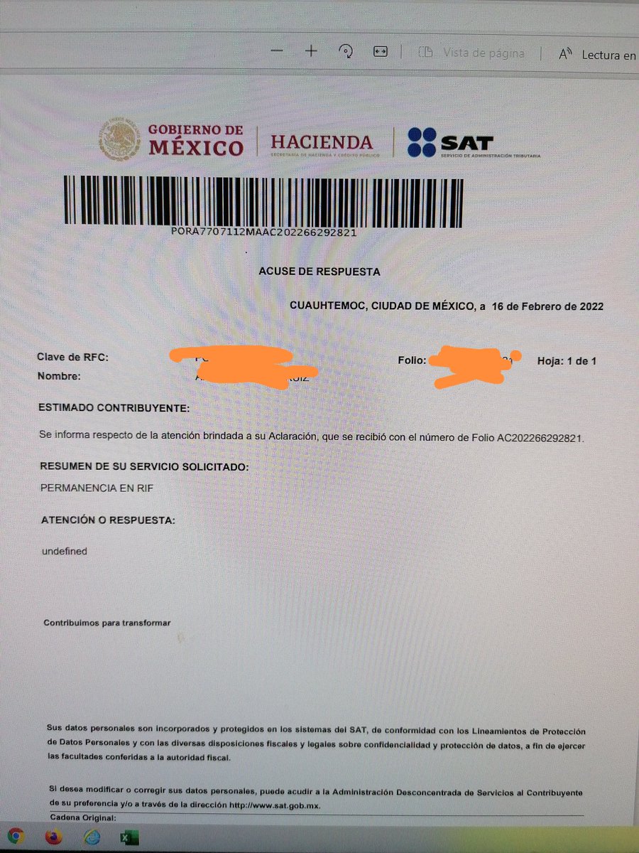 TurPonce's tweet photo. @ProdeconMexico que opinan de la respuesta del SAT al pedirles la permanencia en RIF, ya que su aplicativo no funcionó, e imprimí mi cédula el 01 de Febrero y ya para el 10 estaba en otro régimen, y por aclaración me contestaron: https://t.co/I26Nkxw9Tq