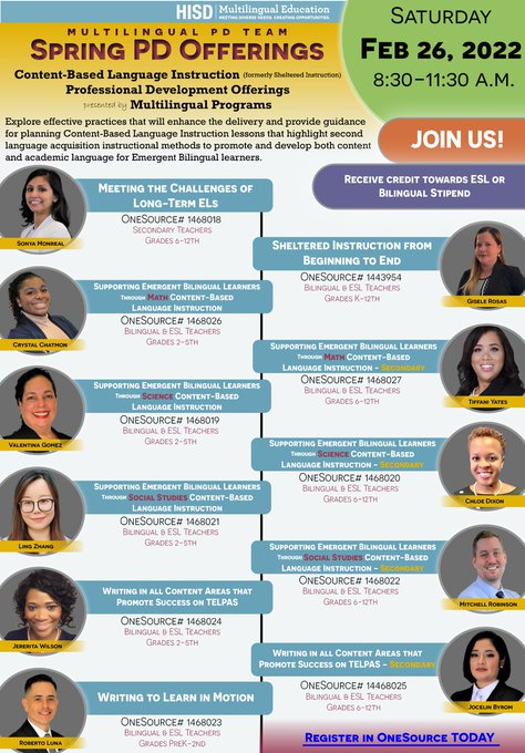mrobinson867's tweet photo. 🚨 @HISDMultiPrgms has some 🔥PD opportunities coming up! Content-Based Language Instruction⁉️ We have that on the 2⃣6⃣th‼️ Sheltered Instruction in Texas, 7-Steps to a Language Rich Interactive Classroom, & @ImagineLearning❓ That's on Monday the 2⃣1⃣st ‼️ https://t.co/FcPKdAKEeD
