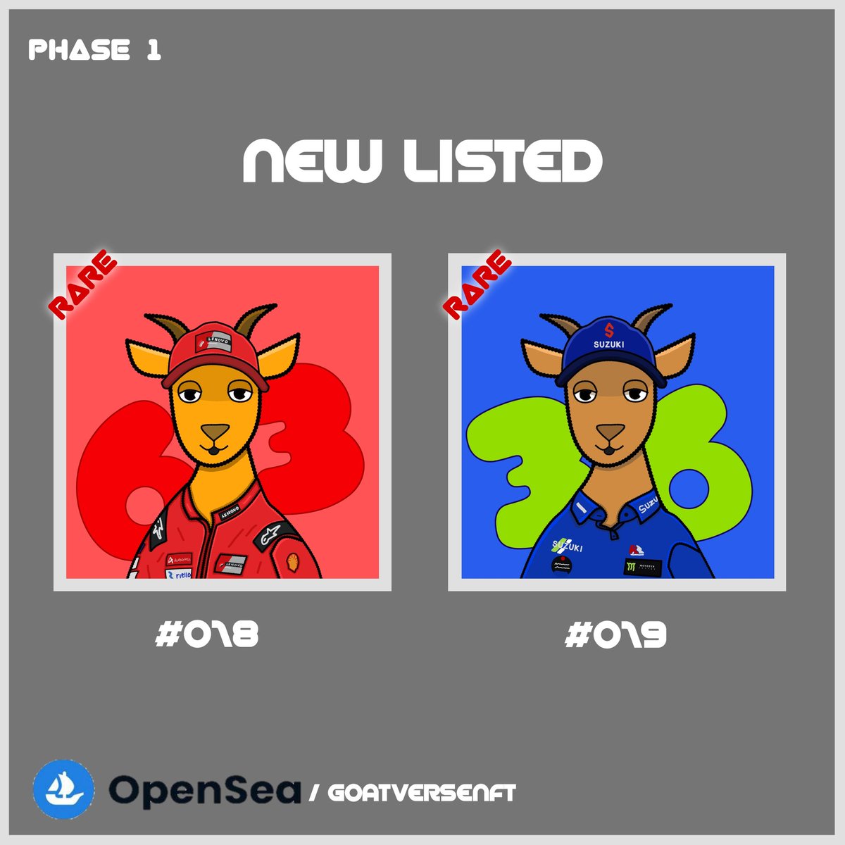 GoatverseNFT's tweet photo. NEW DROP!!! 

Rare :
@PeccoBagnaia &amp; @JoanMirOfficial 

Goatverse #018-#019
Let's go guyss, Link in Bio

#NFTs #nftart #NFTdrop #NFTProject #NFTCollection #nft https://t.co/2zh5BuMLBf