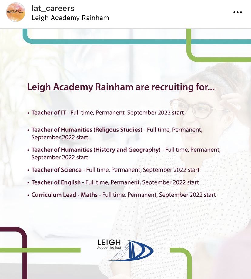 LeighRainham's tweet photo. Leigh Academy Rainham are recruiting!
For more information and to apply: https://t.co/5FuVbLwkrI
To refer a teacher and receive £100 (T&C's apply): https://t.co/LKJLGyPGUy
#LeighAcademiesTrust #LATLife #LATCareers #LeighAcademyRainham https://t.co/VI5fJ5KfFz