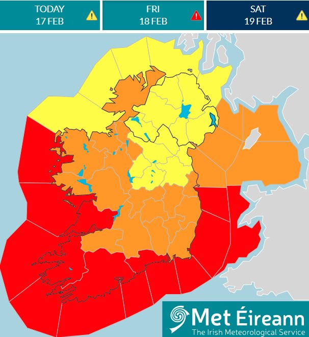 Status Red - Wind warnings have been issued ⬇️  
👉Cork, Kerry and Clare from 3am to 8am
👉Waterford from 7am to 11am

#StormEunice will track quickly over Ireland tonight and Friday morning bringing severe and damaging winds. 
 
ℹ️met.ie/warnings/tomor…